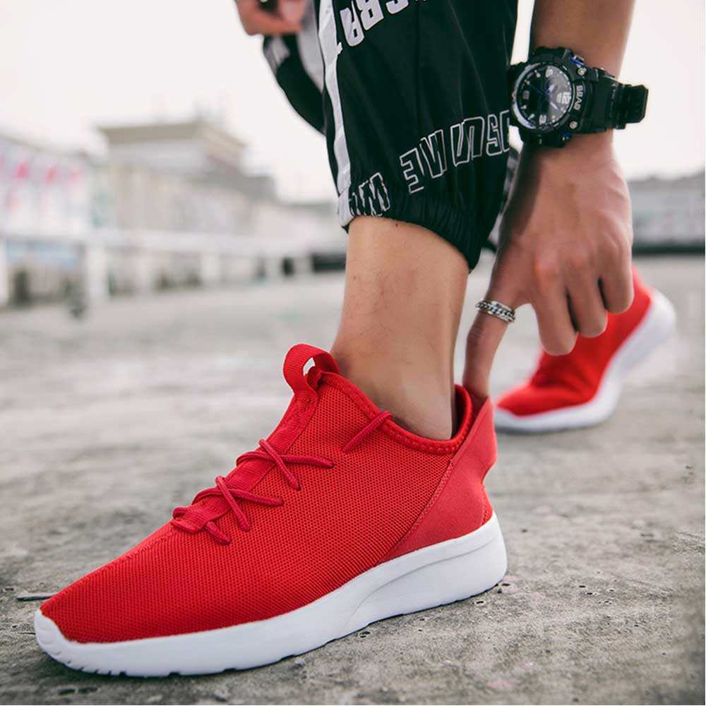 Summer Extra Large Size Sports Shoes Breathable Mesh Men Shoes- Red EU 45